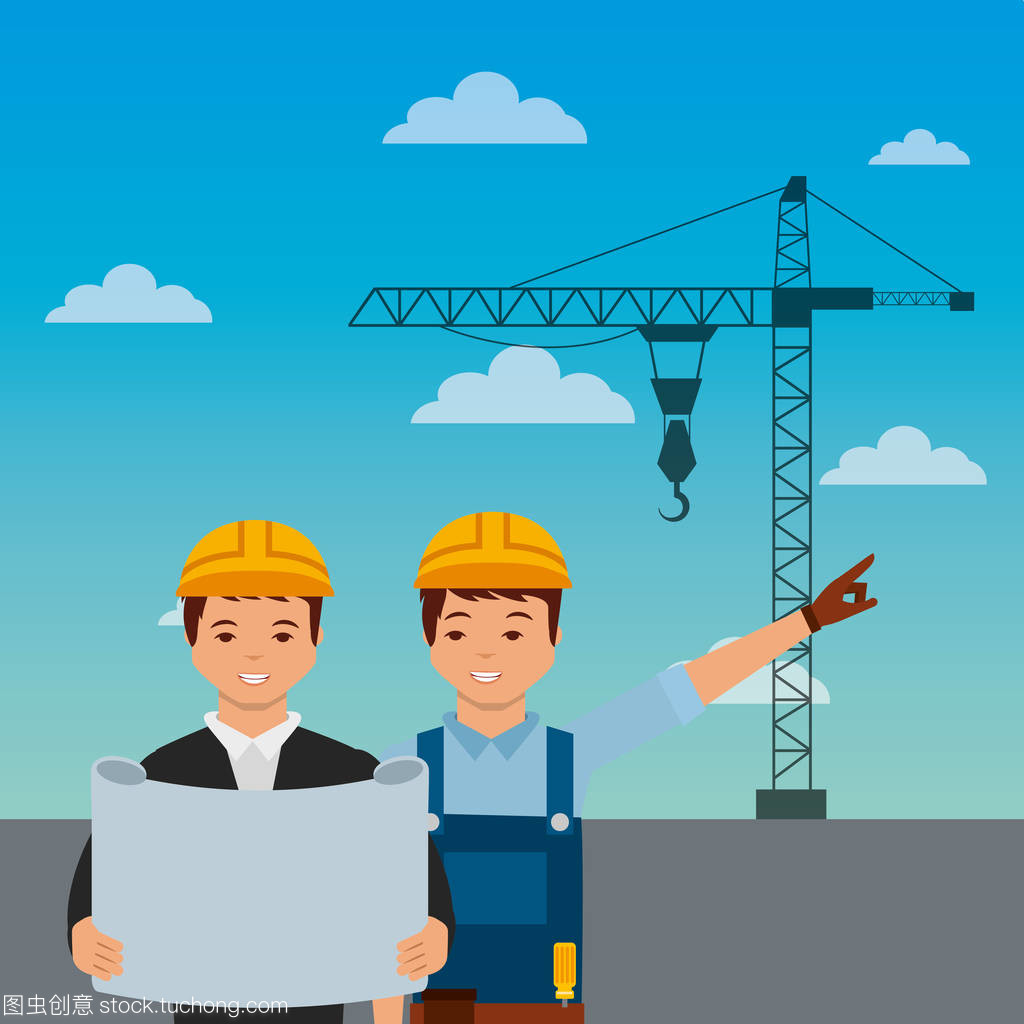 建筑工人工程師工頭藍(lán)圖起重機在天空背景下
